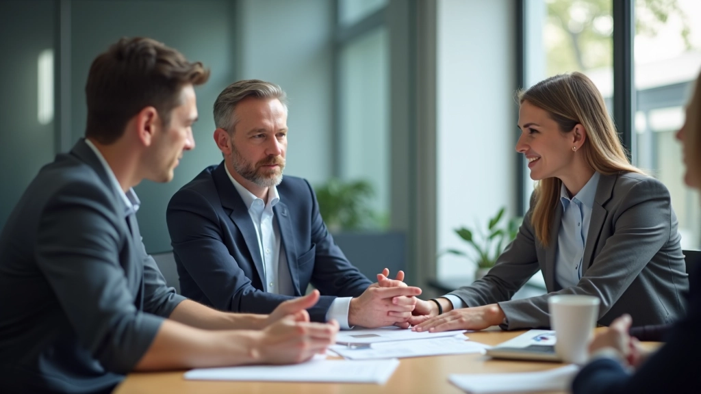 Tři kolegové v diskuzi v moderní kanceláři, horní část těla, přátelská atmosféra