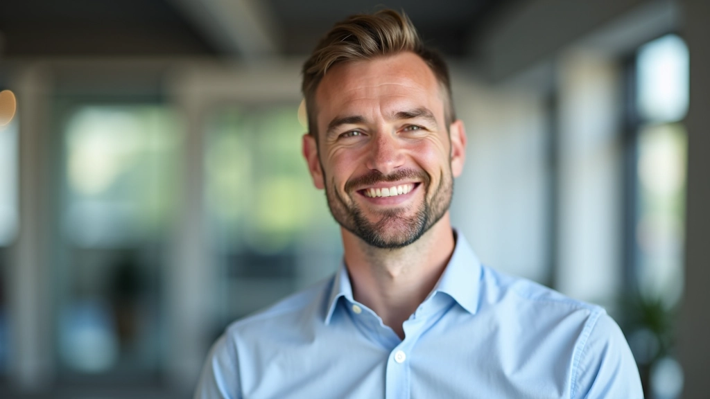 Muž středního věku se usmívá v kanceláři, profesionální vzhled, business casual oblečení