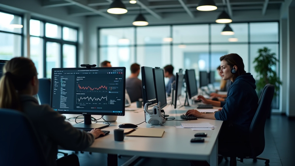 Moderní kancelářské prostředí a IT specialisté pracující na počítačích