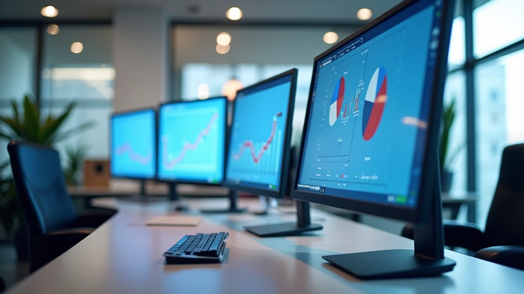 Moderní kancelářský prostor s grafy a analýzou tržních dat na obrazovkách