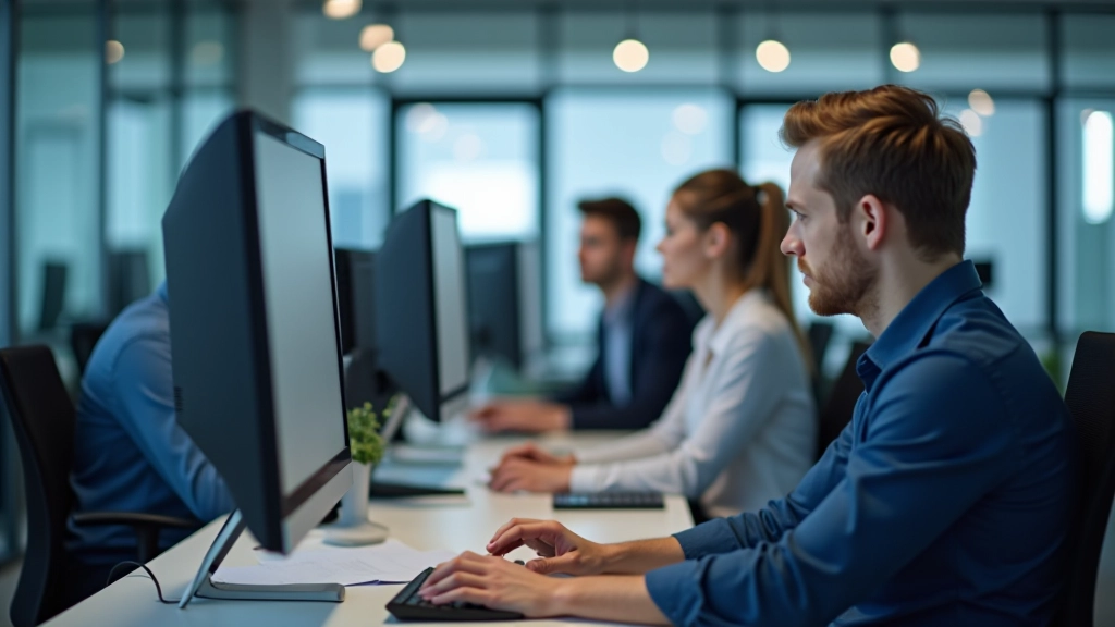 Moderní pracovní prostor s počítači a technologií, tým mladých lidí spolupracující na projektu