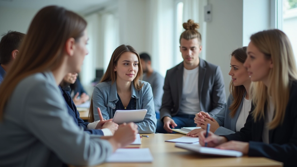 Skupiny studentů v semináru, která se učí a diskutuje, vzdělávací prostředí s učebními pomůckami