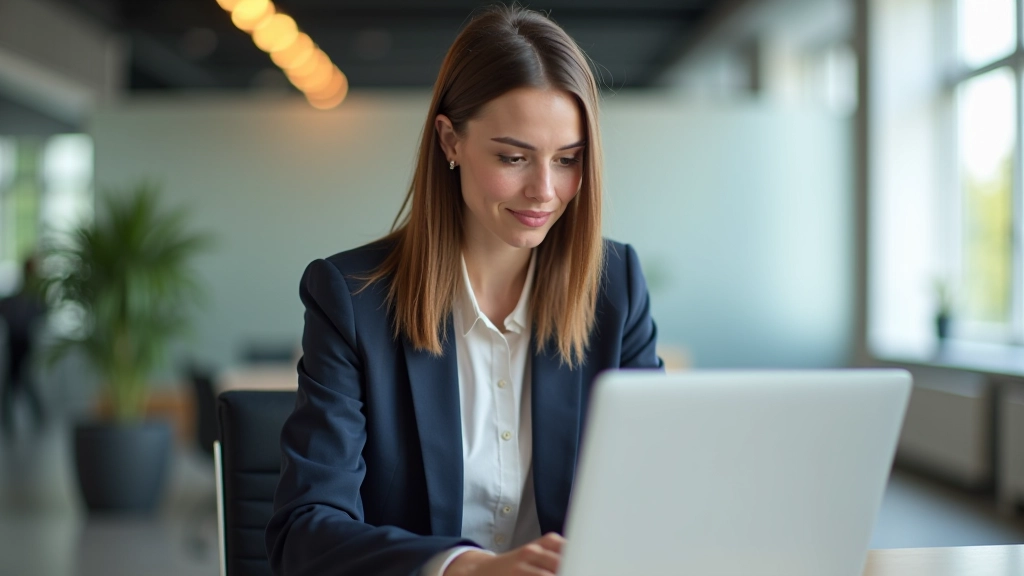 Žena při práci na laptopu v moderní kanceláři, koncentrovaná na úkolu, přirozené osvětlení
