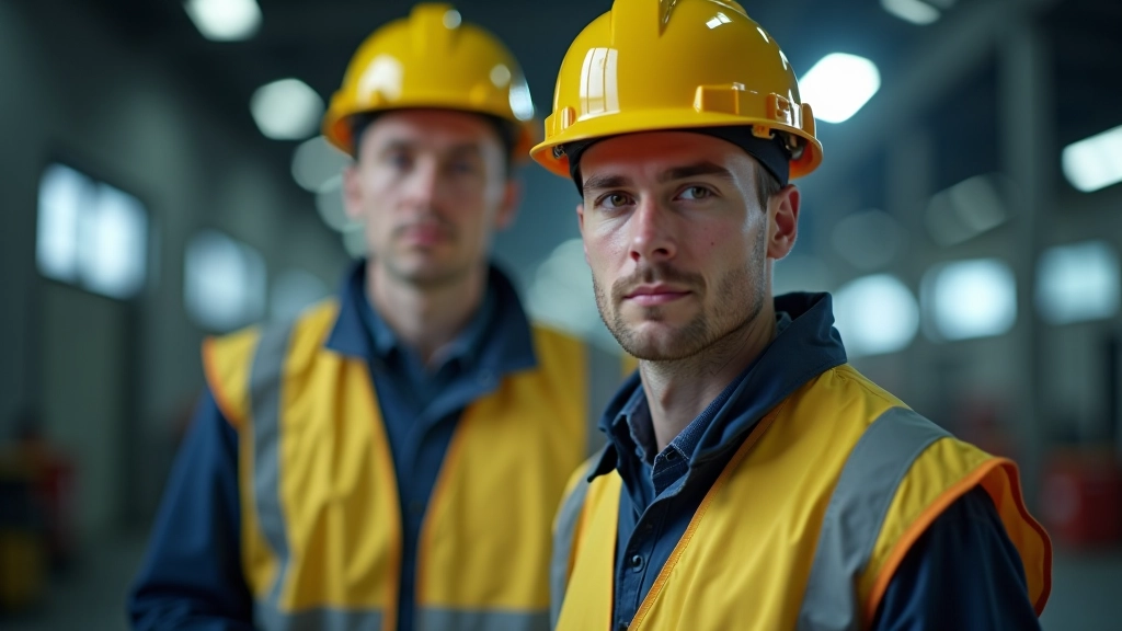 Pracovník v průmyslovém závodě v bezpečnostní helmě, koncentrován na práci