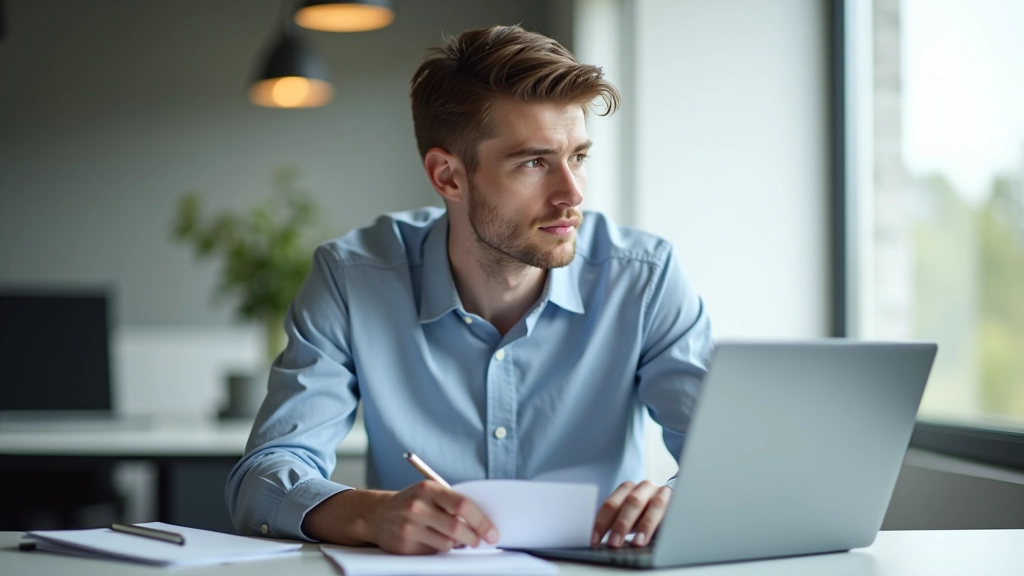 Mladý muž sedící u stolu s notebookem a papíry, hledí zamyšleně, moderní kancelářské prostředí